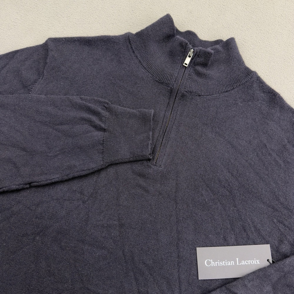 Christian Lacroix 100% Extra Fine Merino Wool 1/4 Zip Sweater Mens L Navy Blue